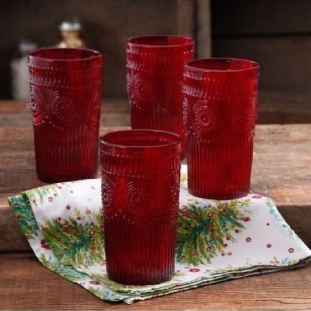 The Pioneer Woman Adeline Embossed Tumblers, RED, Set of 4
